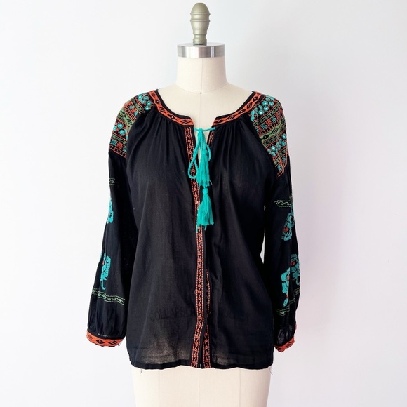 Boho Black Blouse with Colorful Embroidery Tassel Neckline Teal - Picture 1 of 7